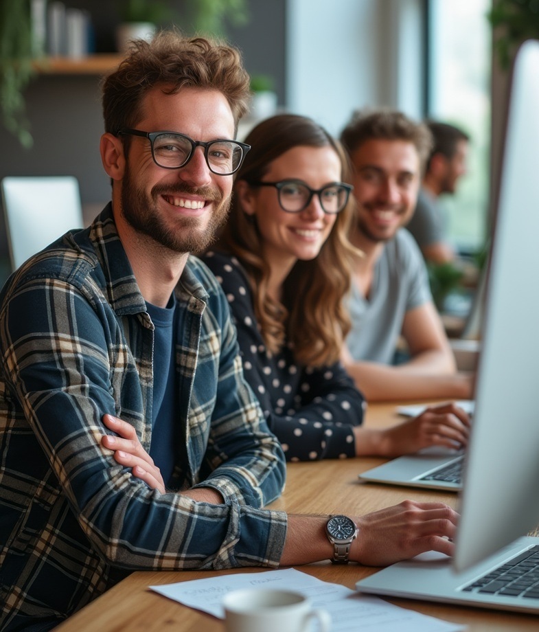 Cheerful team working together in a modern office