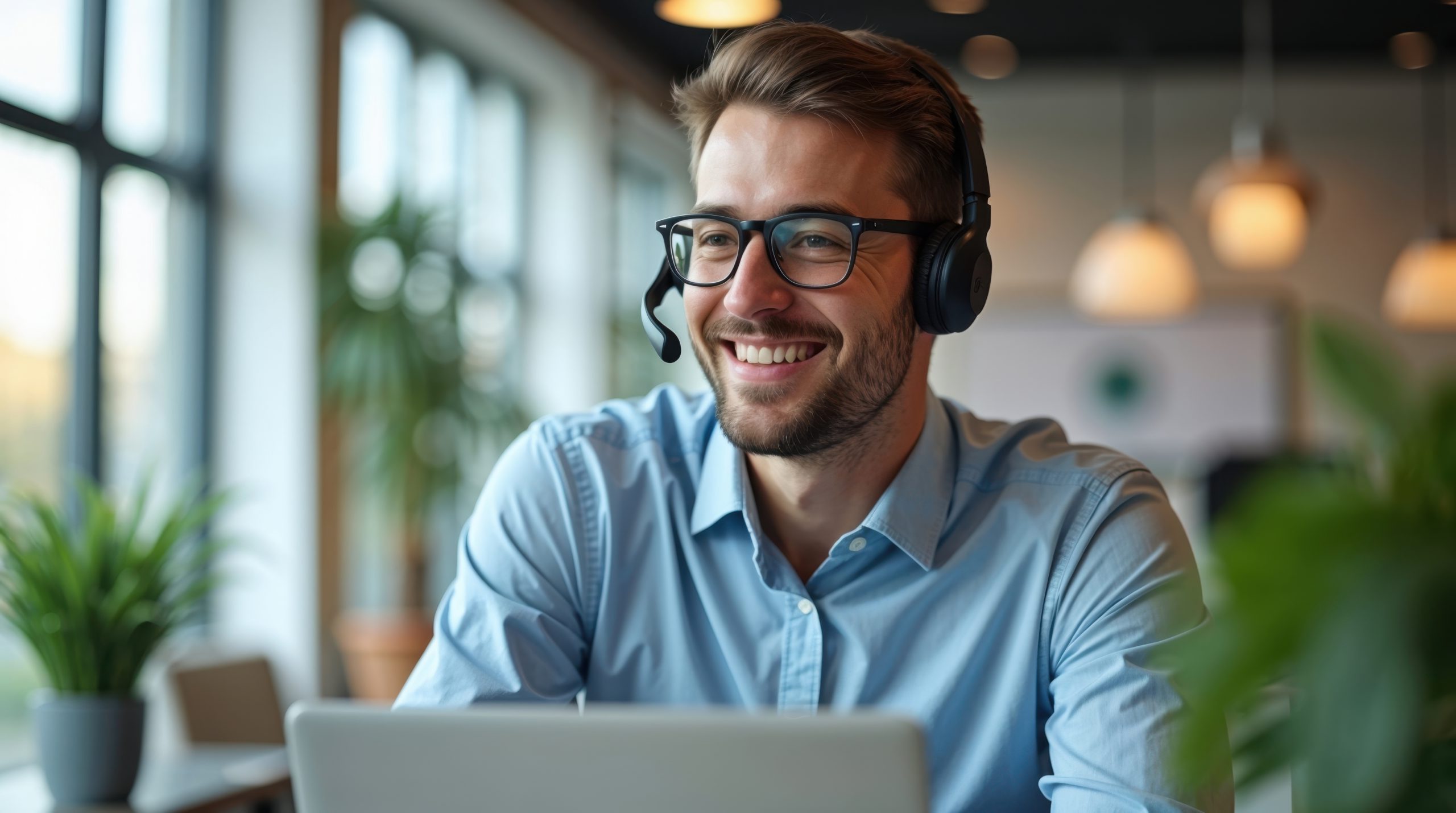 sympathischer Mann mit Headset arbeitet als IT-Support